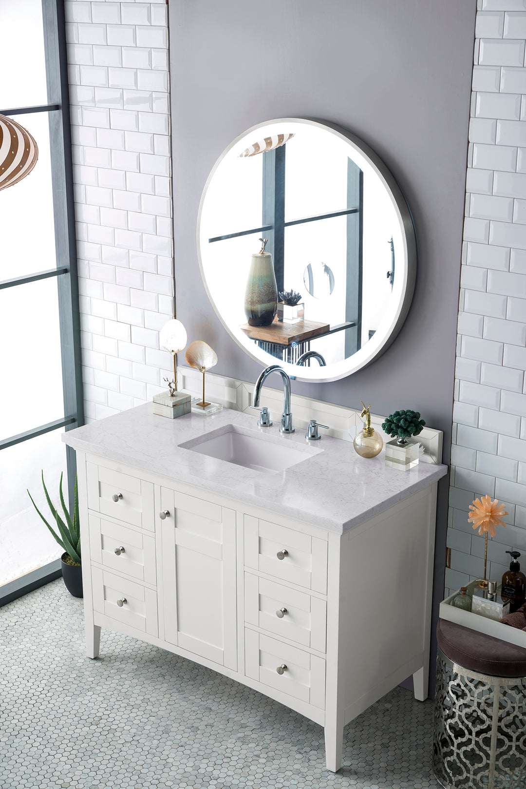 Palisades 48" Single Vanity, Bright White w/ 3 CM Eternal Jasmine Pearl Silestone Top