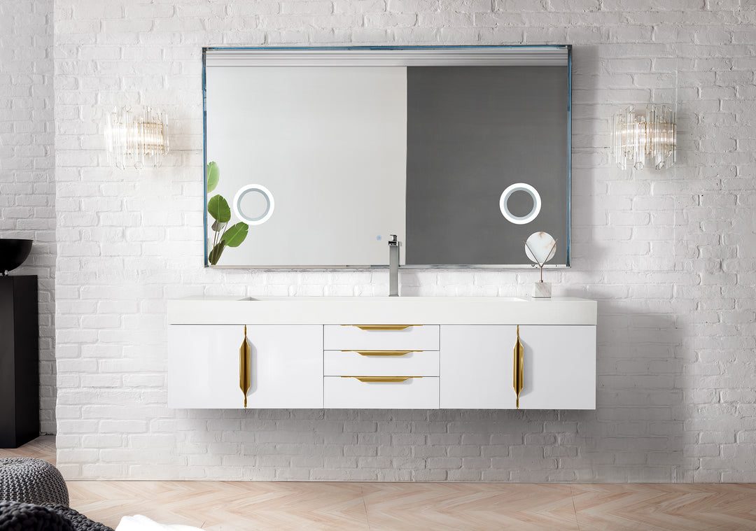 Columbia 72" Single Wall Mount Vanity, Glossy White, Radiant Gold w/ Glossy White Composite Stone Top