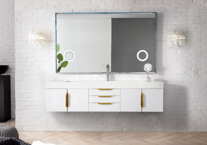 Columbia 72" Single Wall Mount Vanity, Glossy White, Radiant Gold w/ Glossy White Composite Stone Top
