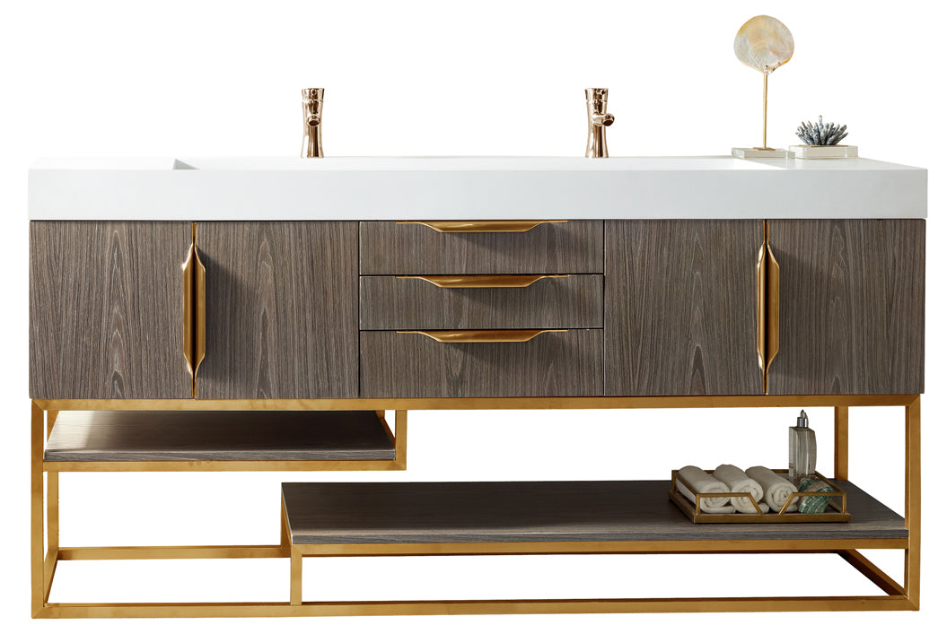 Columbia 72" Double Vanity, Ash Gray, Radiant Gold w/ Glossy White Composite Stone Top