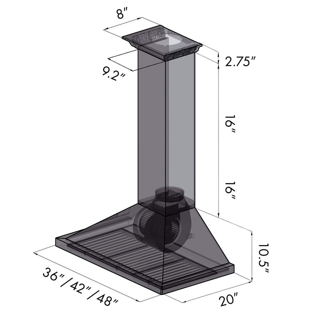 42" ZLINE CrownSoundâ„¢Ducted Vent Wall Mount Range Hood in Stainless Steel with Built-in Bluetooth Speakers (KBCRN-BT-42)
