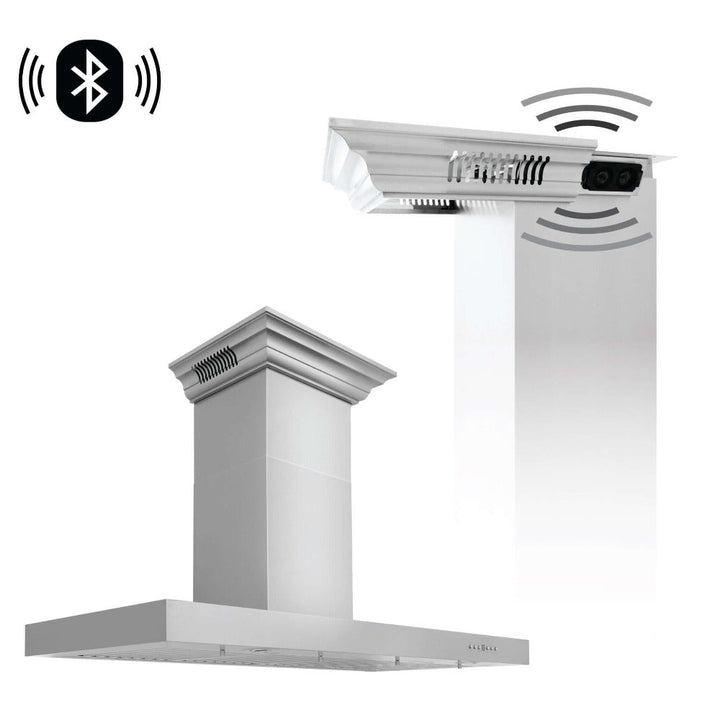 42" ZLINE CrownSoundâ„¢Ducted Vent Wall Mount Range Hood in Stainless Steel with Built-in Bluetooth Speakers (KECRN-BT-42)