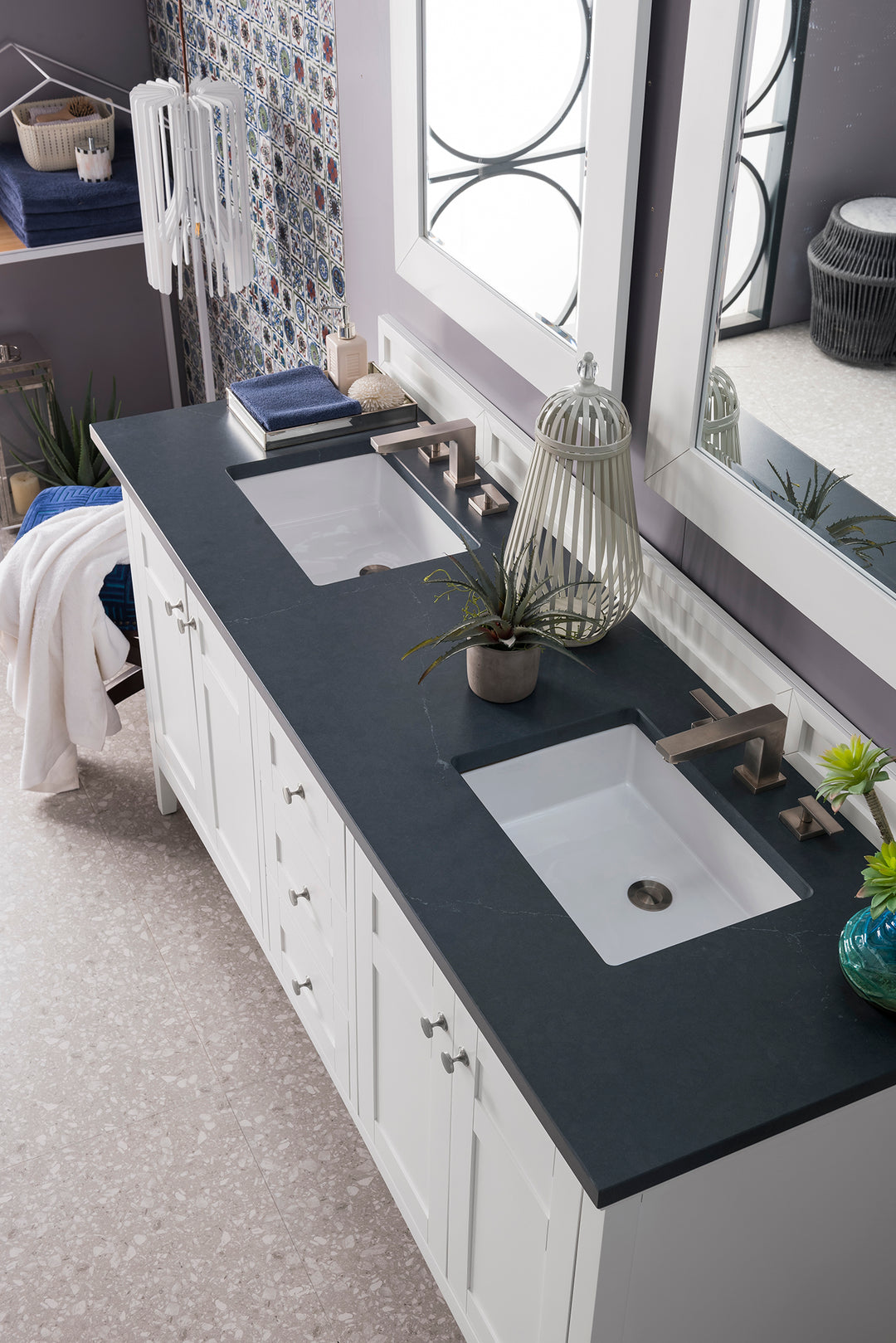 Palisades 72" Double Vanity, Bright White w/ 3 CM Charcoal Soapstone Silestone Top