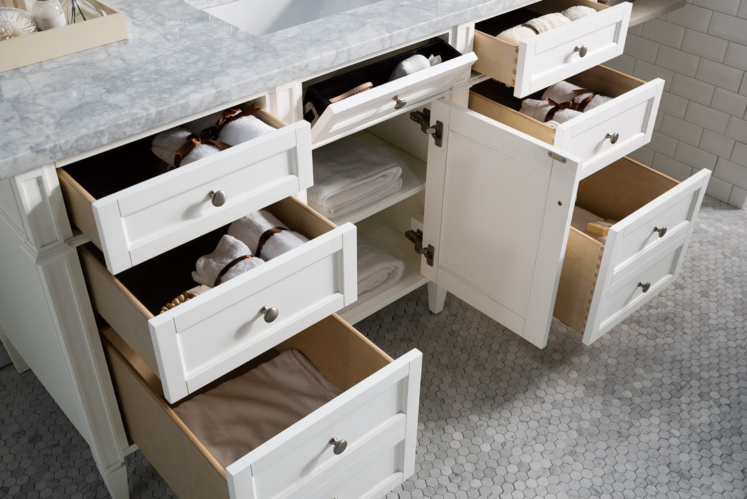 Brittany 60" Single Vanity, Bright White w/ 3 CM Carrara Marble Top