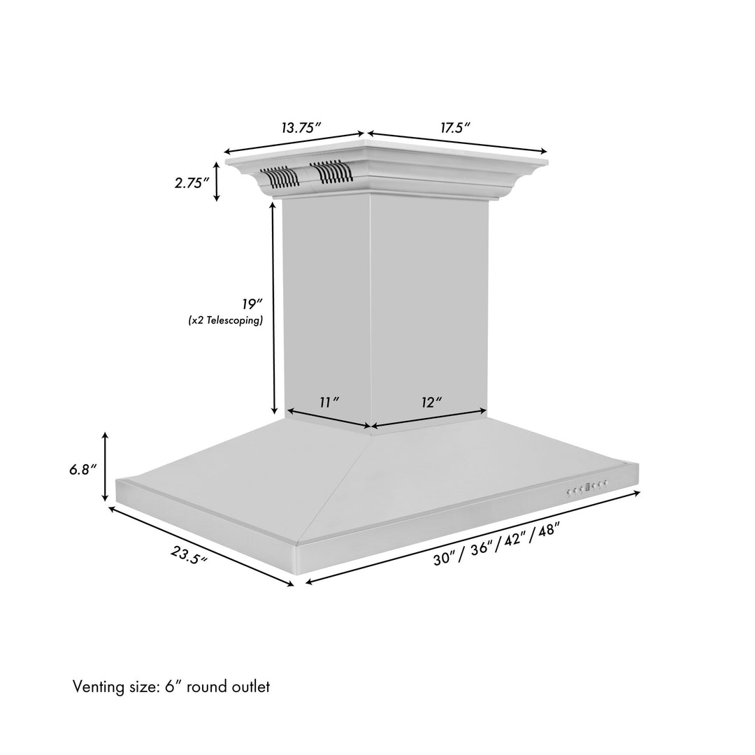 48" ZLINE CrownSoundâ„¢Ducted Vent Island Mount Range Hood in Stainless Steel with Built-in Bluetooth Speakers (GL2iCRN-BT-48)