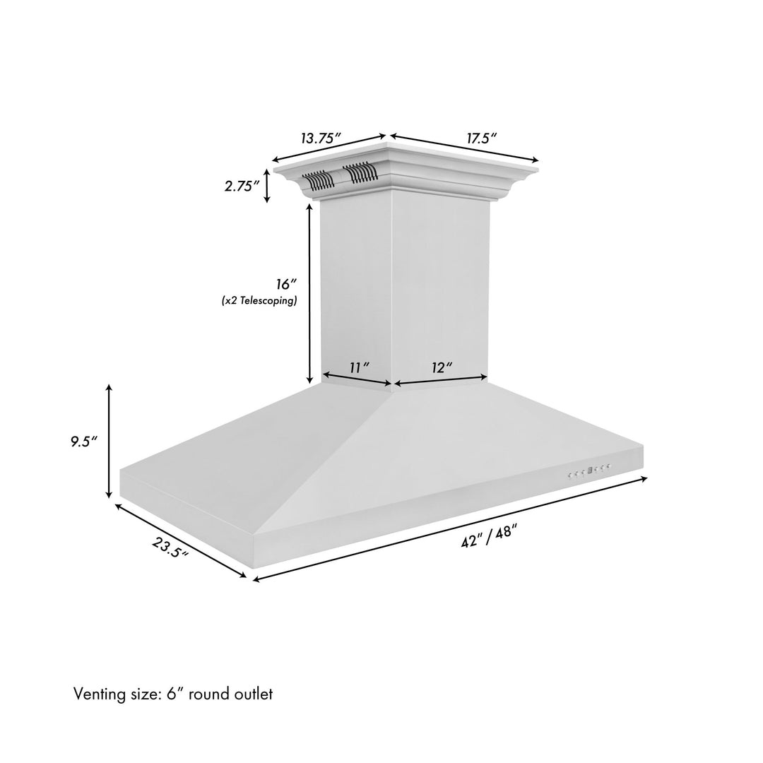 48" ZLINE CrownSoundâ„¢Ducted Vent Island Mount Range Hood in Stainless Steel with Built-in Bluetooth Speakers (KL3iCRN-BT-48)