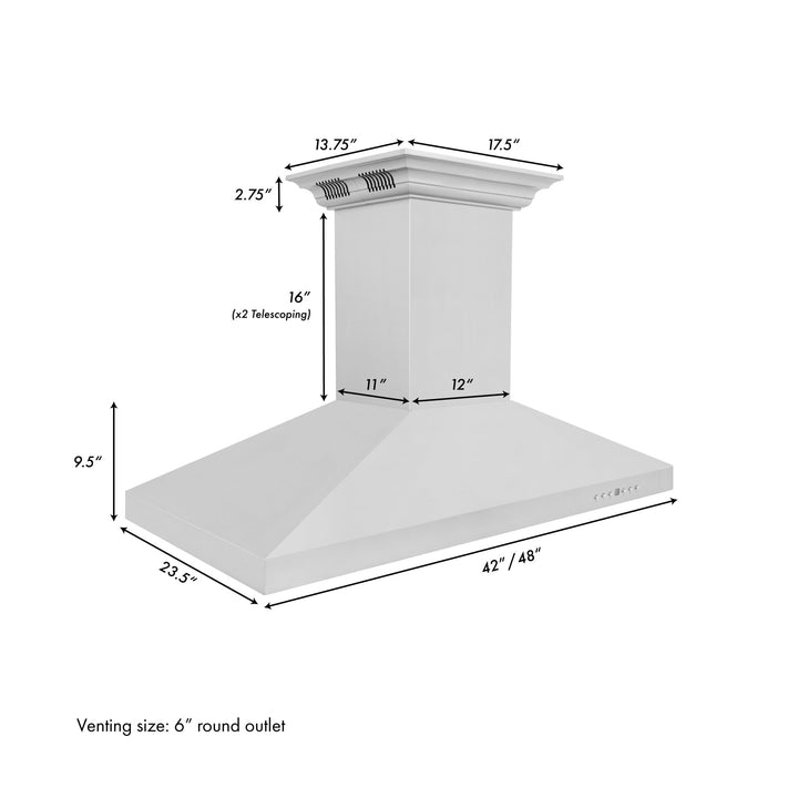 48" ZLINE CrownSoundâ„¢Ducted Vent Island Mount Range Hood in Stainless Steel with Built-in Bluetooth Speakers (KL3iCRN-BT-48)