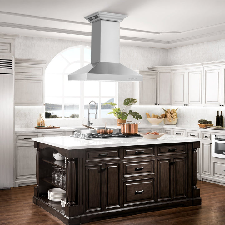 48" ZLINE CrownSoundâ„¢Ducted Vent Island Mount Range Hood in Stainless Steel with Built-in Bluetooth Speakers (KL3iCRN-BT-48)