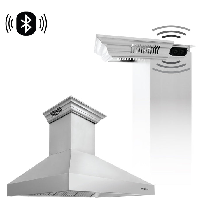 48" ZLINE CrownSoundâ„¢Ducted Vent Professional Wall Mount Range Hood in Stainless Steel with Built-in Bluetooth Speakers (697CRN-BT-48)