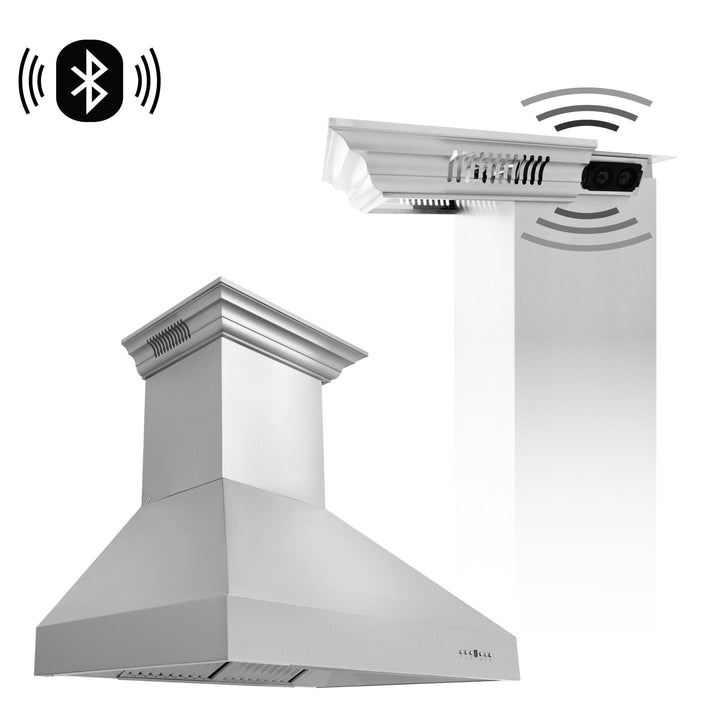 48" ZLINE CrownSoundâ„¢Ducted Vent Wall Mount Range Hood in Stainless Steel with Built-in Bluetooth Speakers (667CRN-BT-48)