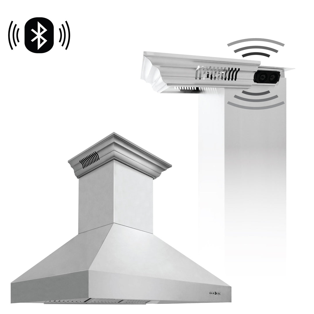 48" ZLINE CrownSoundâ„¢Ducted Vent Wall Mount Range Hood in Stainless Steel with Built-in Bluetooth Speakers (667CRN-BT-48)