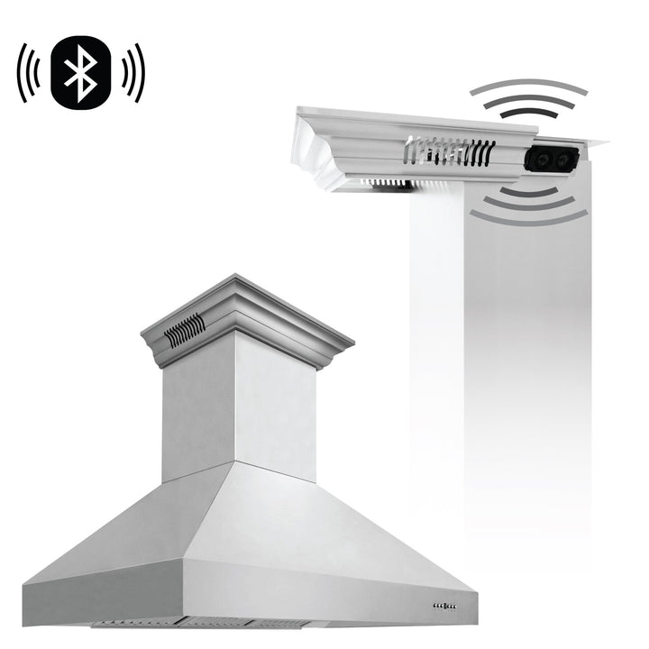 48" ZLINE CrownSoundâ„¢Ducted Vent Wall Mount Range Hood in Stainless Steel with Built-in Bluetooth Speakers (667CRN-BT-48)