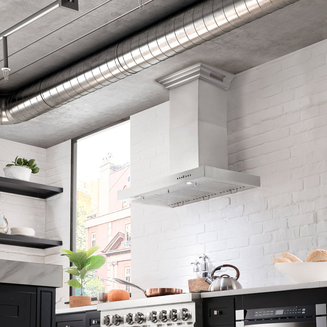 48" ZLINE CrownSoundâ„¢Ducted Vent Wall Mount Range Hood in Stainless Steel with Built-in Bluetooth Speakers (KECRN-BT-48)