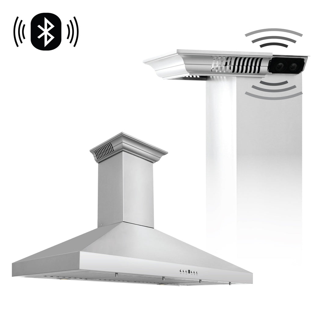 48" ZLINE CrownSoundâ„¢Ducted Vent Wall Mount Range Hood in Stainless Steel with Built-in Bluetooth Speakers (KL3CRN-BT-48)