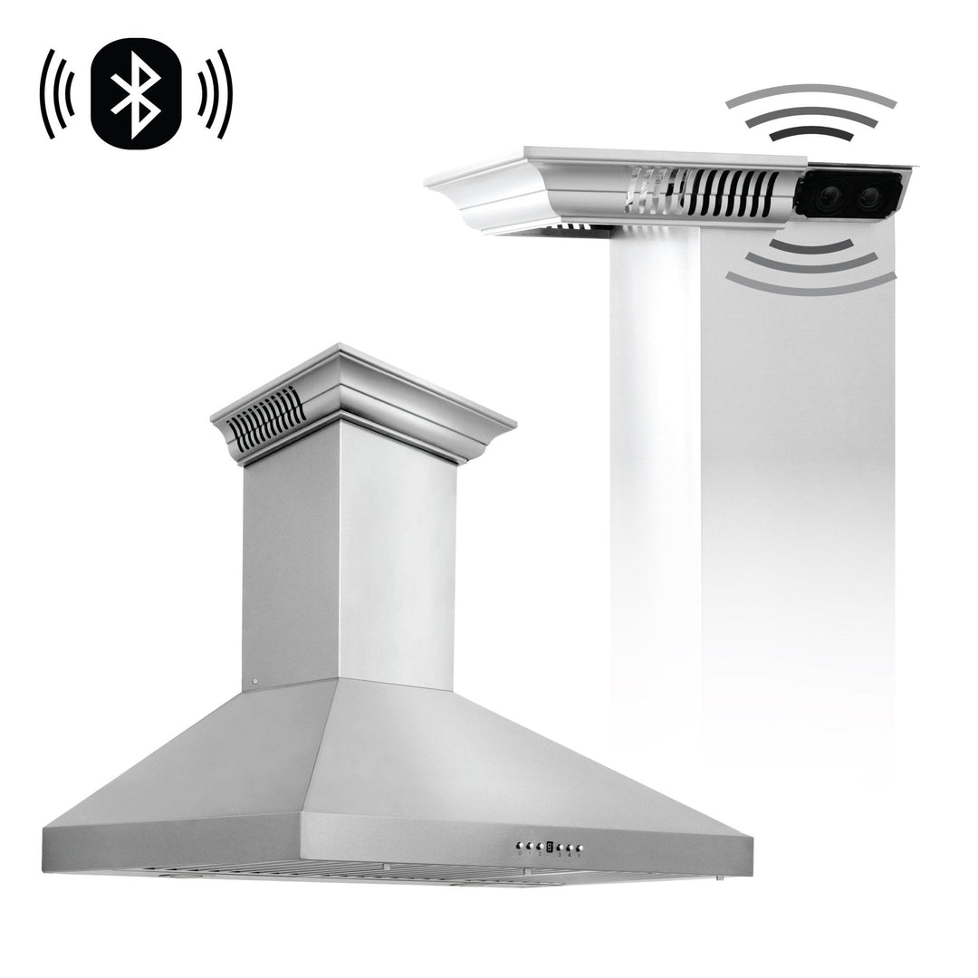 48" ZLINE CrownSoundâ„¢Ducted Vent Wall Mount Range Hood in Stainless Steel with Built-in Bluetooth Speakers (KL3CRN-BT-48)
