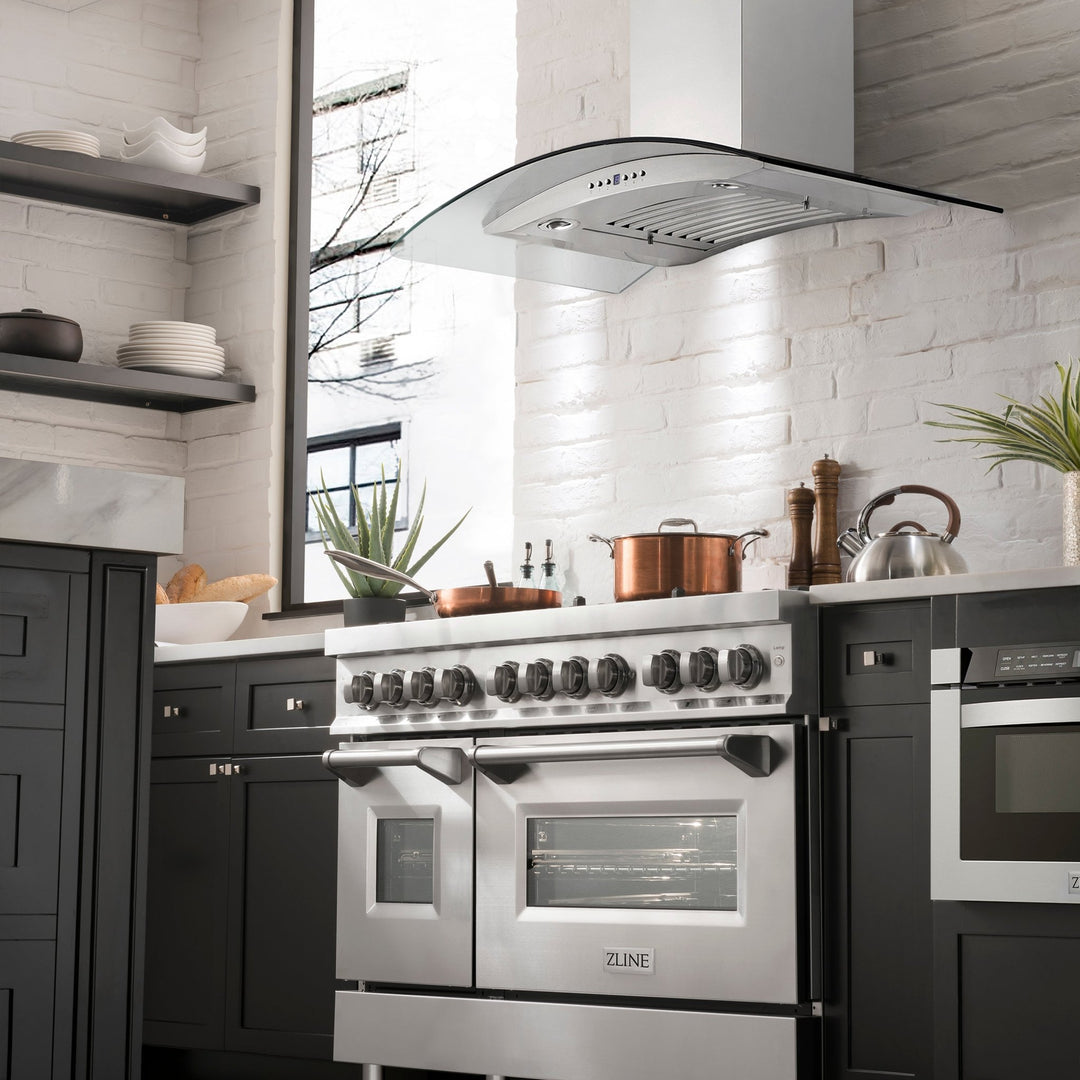48" ZLINE CrownSoundâ„¢Ducted Vent Wall Mount Range Hood in Stainless Steel with Built-in Bluetooth Speakers (KN4CRN-BT-48)