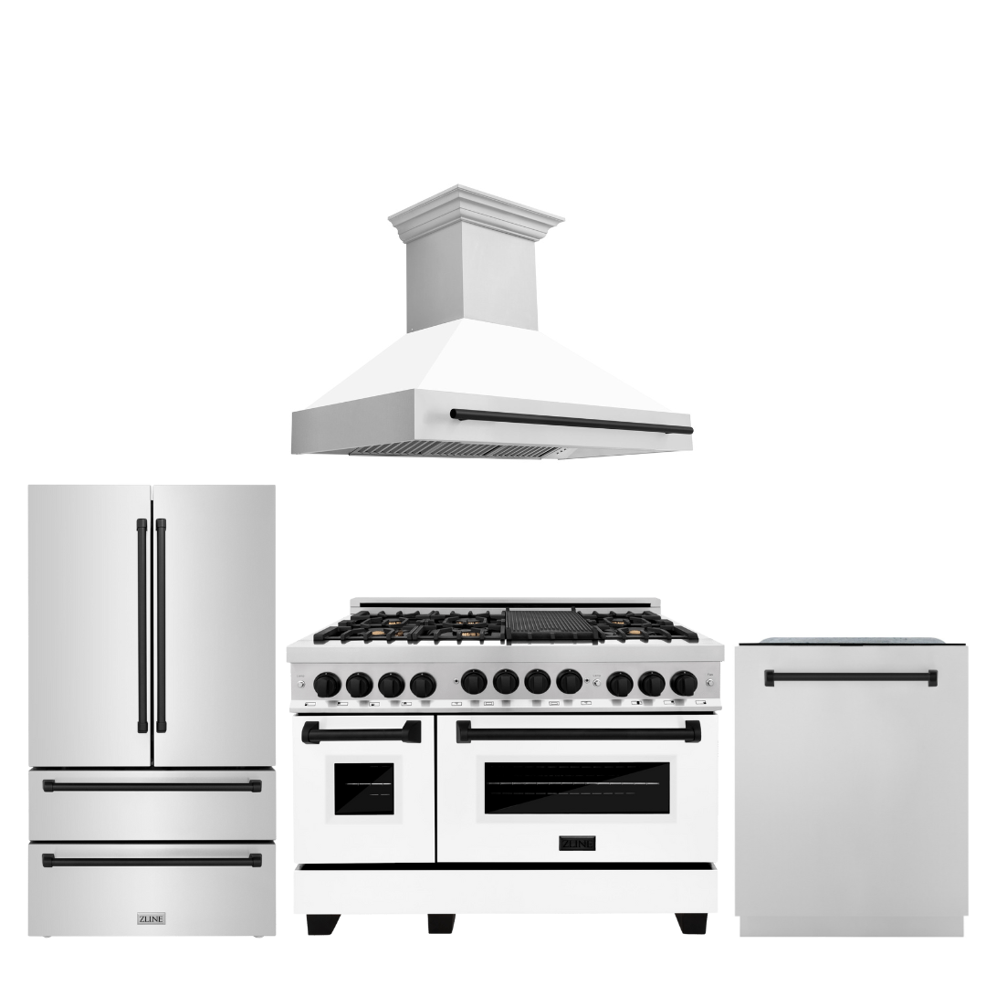 ZLINE Autograph Package - 48 In. Gas Range, Range Hood, Refrigerator, Dishwasher with Matte Black Accents, 4KAPR-RGWMRHDWM48-MB
