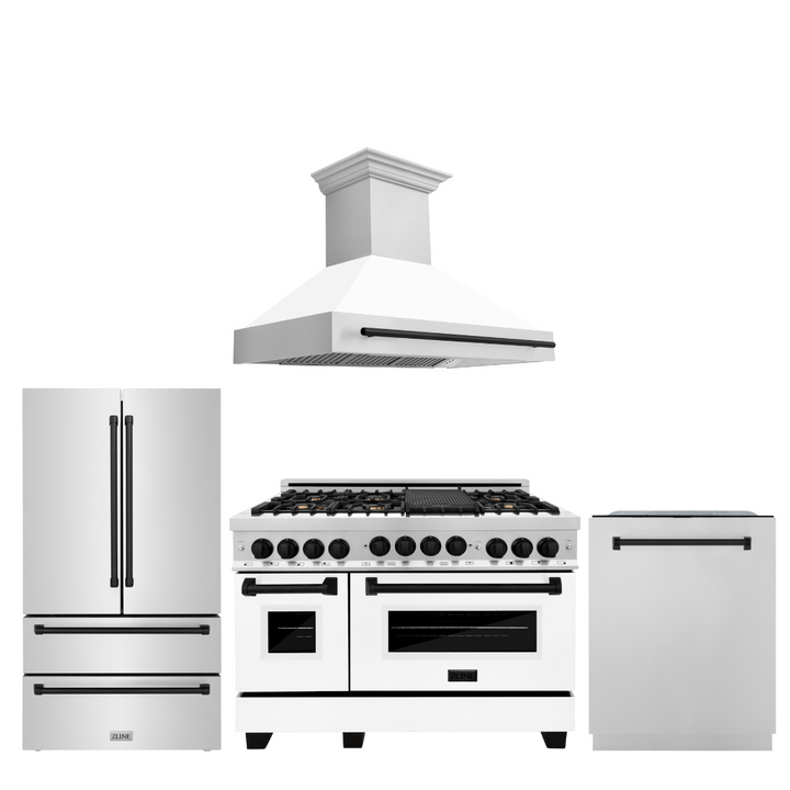 ZLINE Autograph Package - 48 In. Gas Range, Range Hood, Refrigerator, Dishwasher with Matte Black Accents, 4KAPR-RGWMRHDWM48-MB