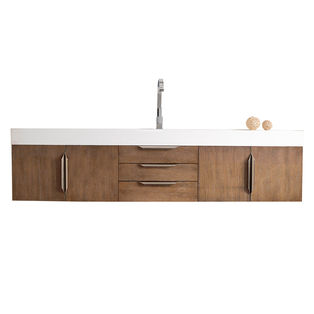 Columbia 72" Single Wall Mount Vanity, Latte Oak, Brushed Nickel w/ Glossy White Composite Stone Top