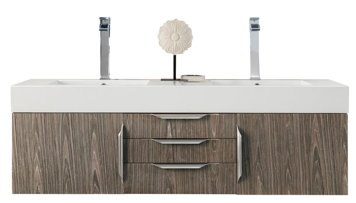 Columbia 59" Double Wall Mount Vanity, Ash Gray, Brushed Nickel w/ Glossy White Composite Stone Top