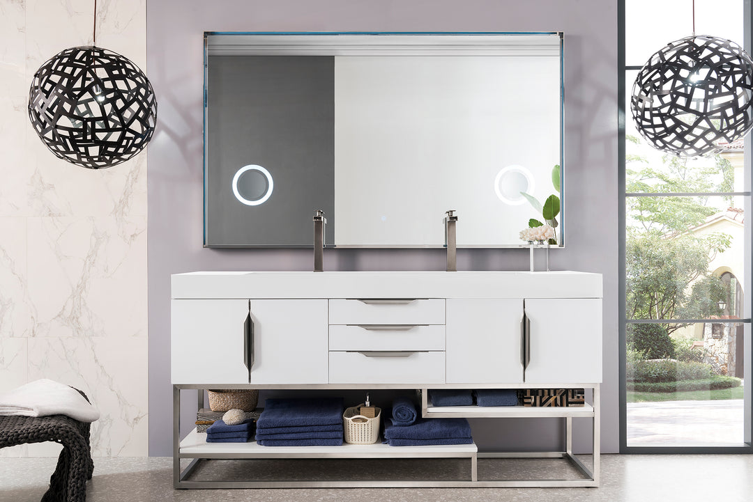 Columbia 72" Double Vanity, Glossy White, Brushed Nickel w/ Glossy White Composite Stone Top