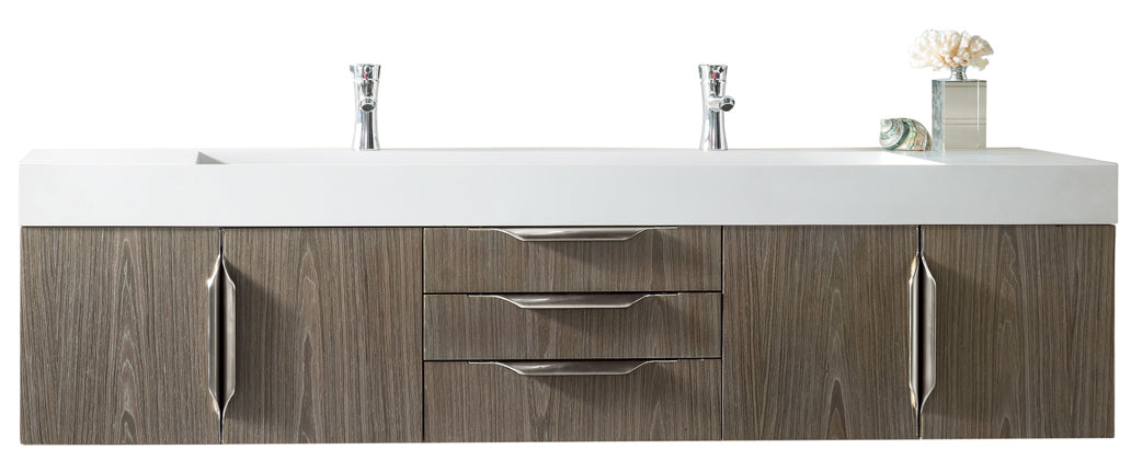 Columbia 72" Double Wall Mount Vanity, Ash Gray, Brushed Nickel w/ Glossy White Composite Stone Top