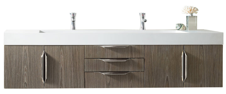 Columbia 72" Double Wall Mount Vanity, Ash Gray, Brushed Nickel w/ Glossy White Composite Stone Top