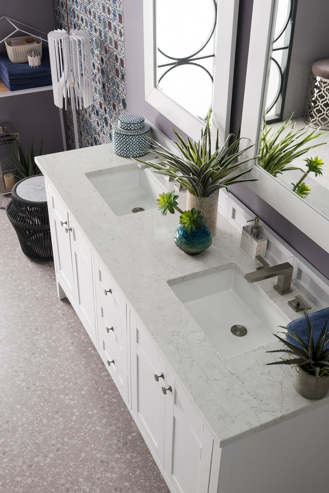 Palisades 72" Double Vanity, Bright White w/ 3 CM Eternal Jasmine Pearl Silestone Top