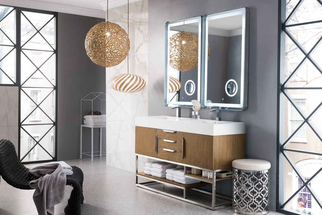 Columbia 59" Double Vanity, Latte Oak, Brushed Nickel w/ Glossy White Composite Stone Top