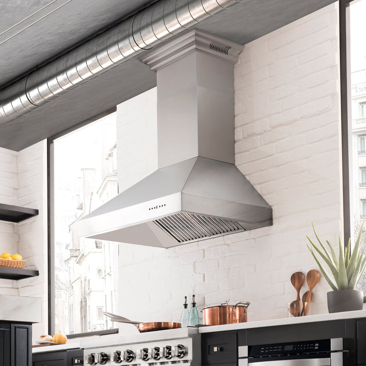 54" ZLINE CrownSoundâ„¢Ducted Vent Professional Wall Mount Range Hood in Stainless Steel with Built-in Bluetooth Speakers (697CRN-BT-54)