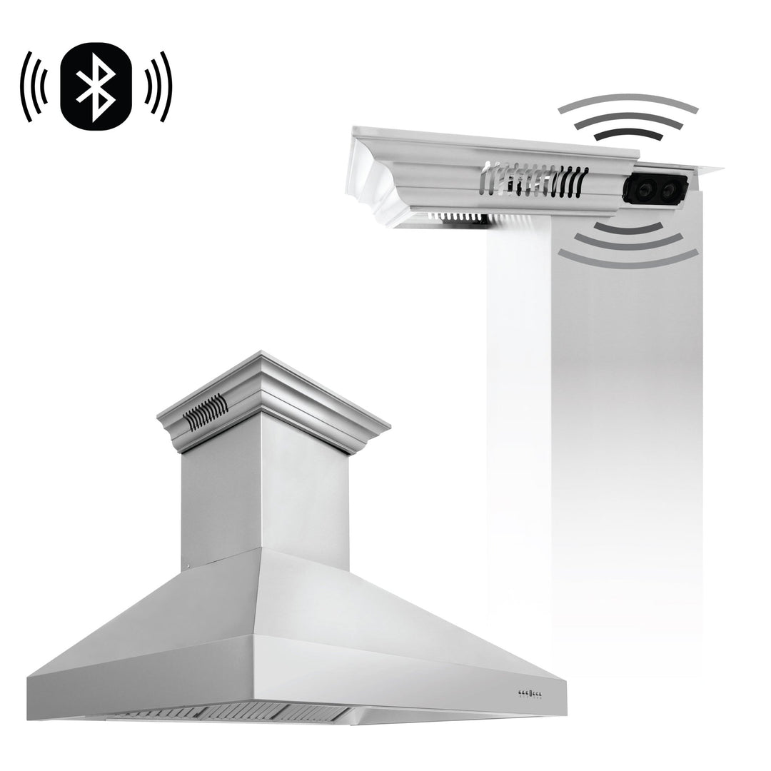54" ZLINE CrownSoundâ„¢Ducted Vent Professional Wall Mount Range Hood in Stainless Steel with Built-in Bluetooth Speakers (697CRN-BT-54)