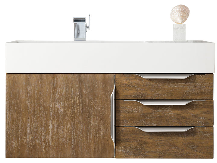 Columbia 36" Single Wall Mount Vanity, Latte Oak, Brushed Nickel w/ Glossy White Composite Stone Top