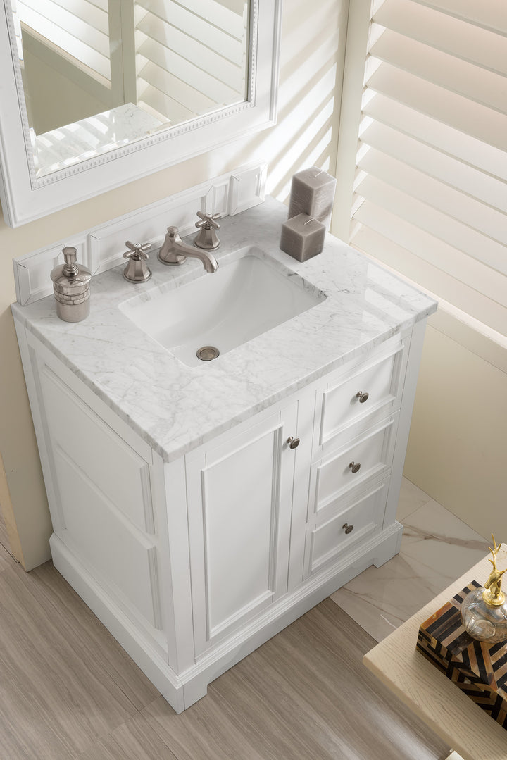 De Soto 30" Single Vanity, Bright White w/ 3 CM Carrara Marble Top
