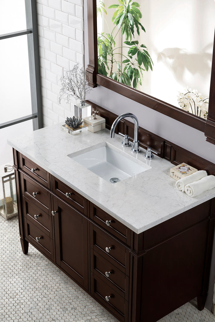 Brittany 48" Single Vanity, Burnished Mahogany w/ 3 CM Eternal Jasmine Pearl Silestone Top