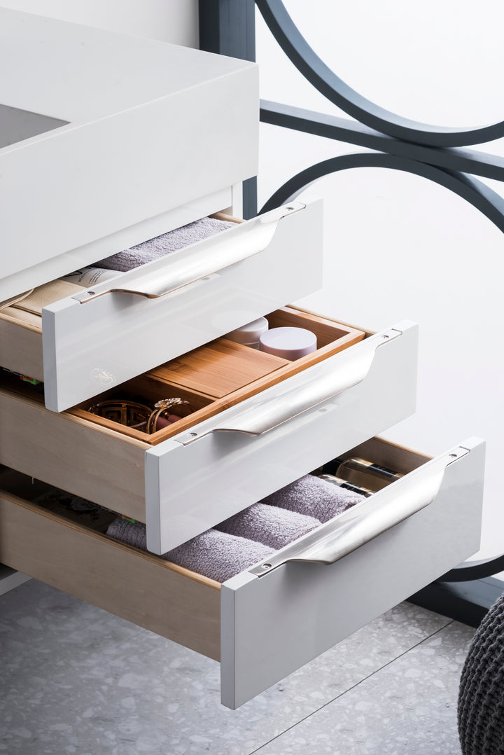 Columbia 36" Single Wall Mount Vanity, Glossy White, Brushed Nickel w/ Glossy White Composite Stone Top