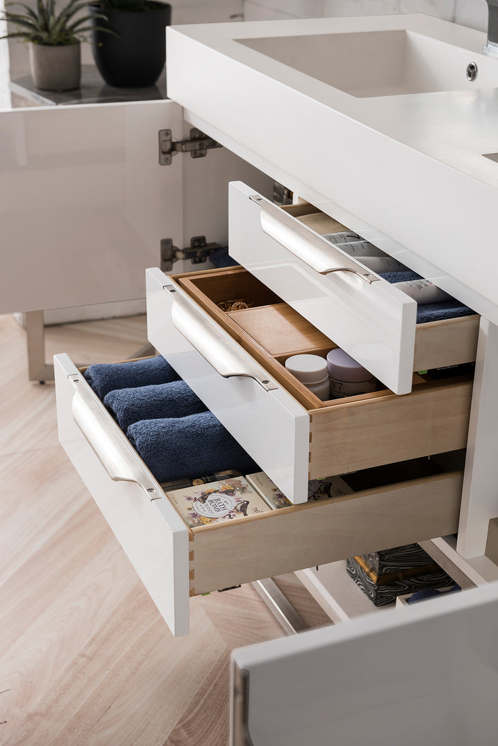 Columbia 59" Double Vanity, Glossy White, Brushed Nickel  w/ Glossy White Composite Stone Top
