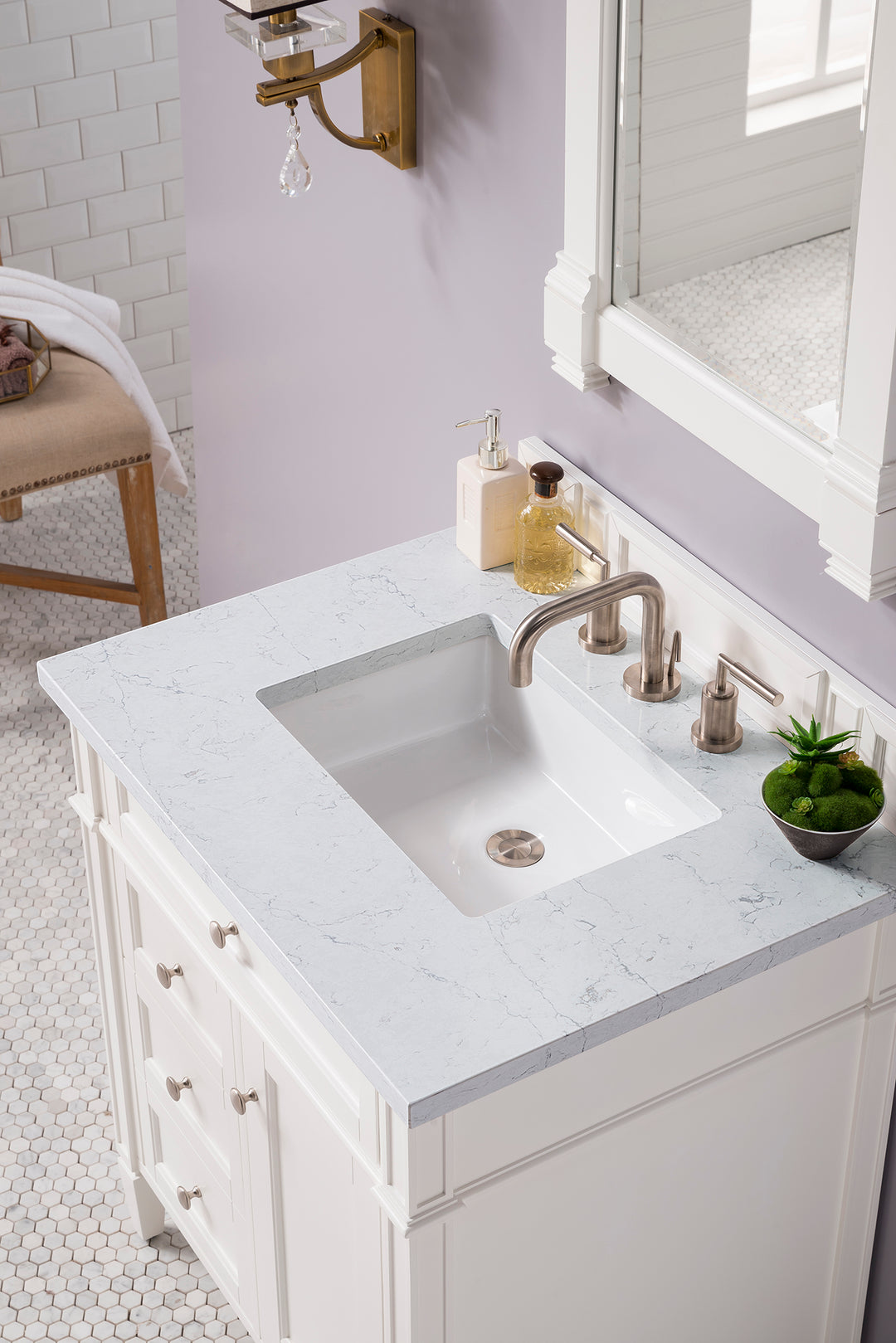 Brittany 30" Single Vanity, Bright White, w/ 3 CM Eternal Jasmine Pearl Silestone Top