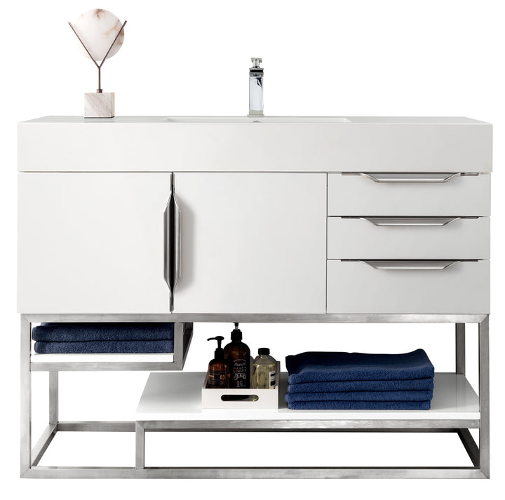 Columbia 48" Single Vanity, Glossy White, Brushed Nickel w/ Glossy White Composite Stone Top