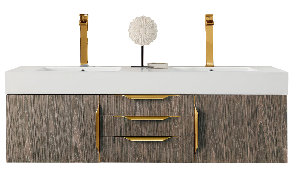 Columbia 59" Double Wall Mount Vanity, Ash Gray, Radiant Gold w/ Glossy White Composite Stone Top