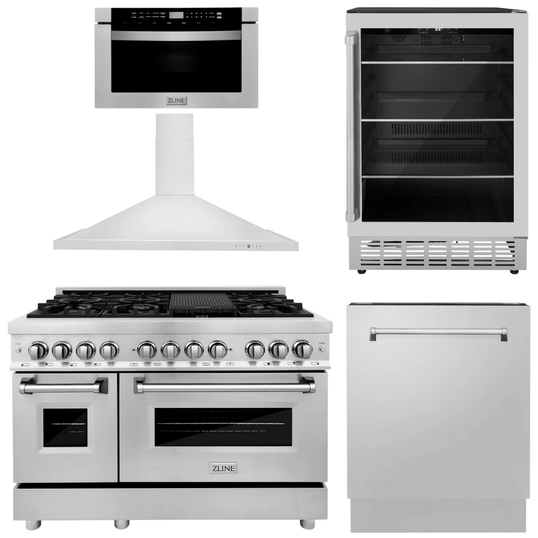 ZLINE Appliance Package - 48" Dual Fuel Range, Range Hood, Microwave Drawer, Dishwasher and Beverage Fridge, 5KP-RARH48-MWDWV-RBV