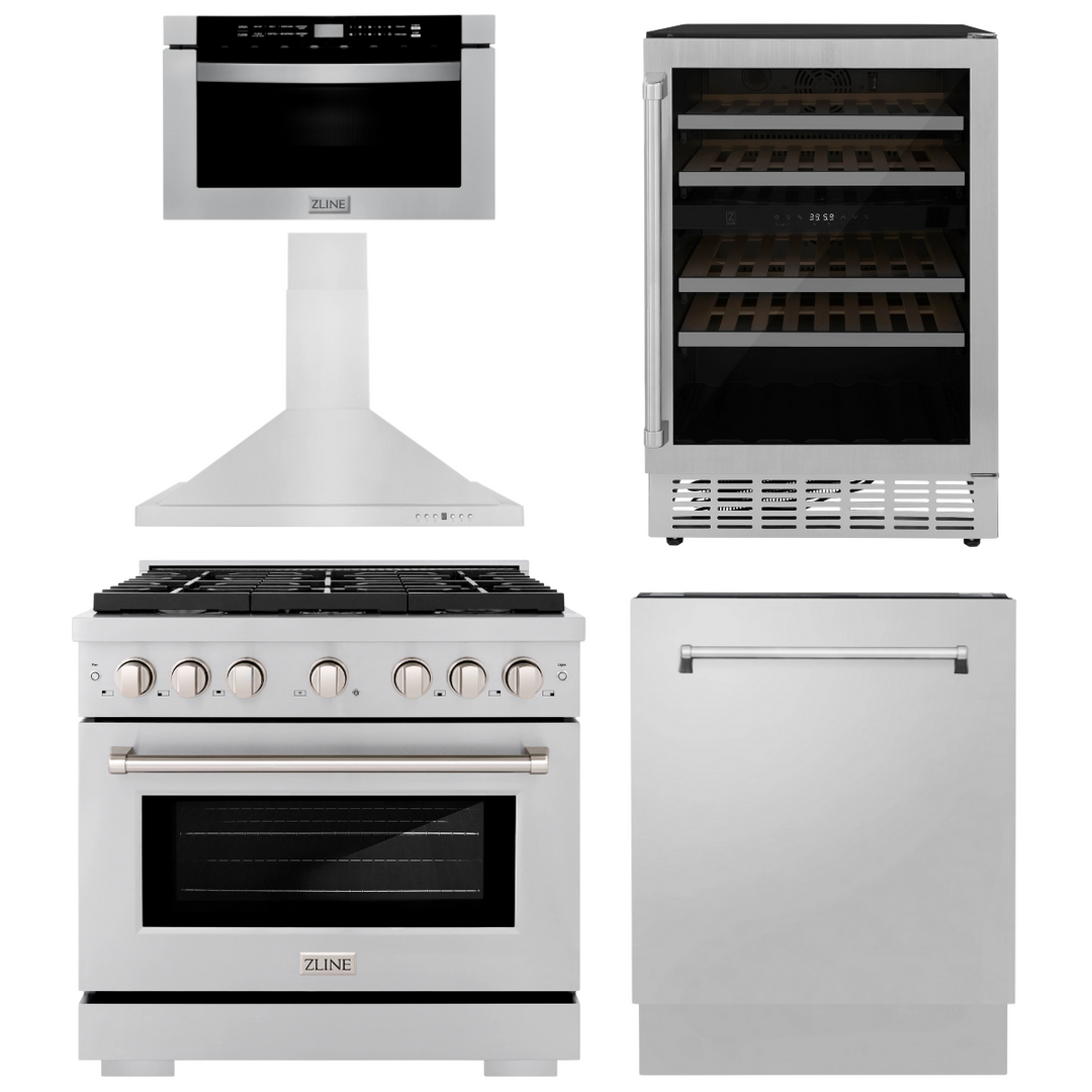ZLINE Appliance Package - 36" Gas Range, Range Hood, Microwave Drawer, Dishwasher and Wine Cooler, 5KP-SGRRH36-MWDWV-RWV