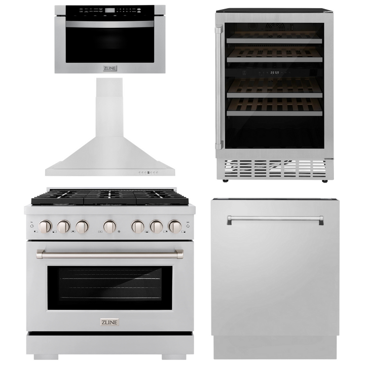 ZLINE Appliance Package - 36" Gas Range, Range Hood, Microwave Drawer, Dishwasher and Wine Cooler, 5KP-SGRRH36-MWDWV-RWV
