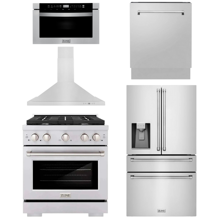 ZLINE Package - 30" Gas Range, Range Hood, Microwave, Refrigerator with Water and Ice Dispenser, Dishwasher in Stainless Steel