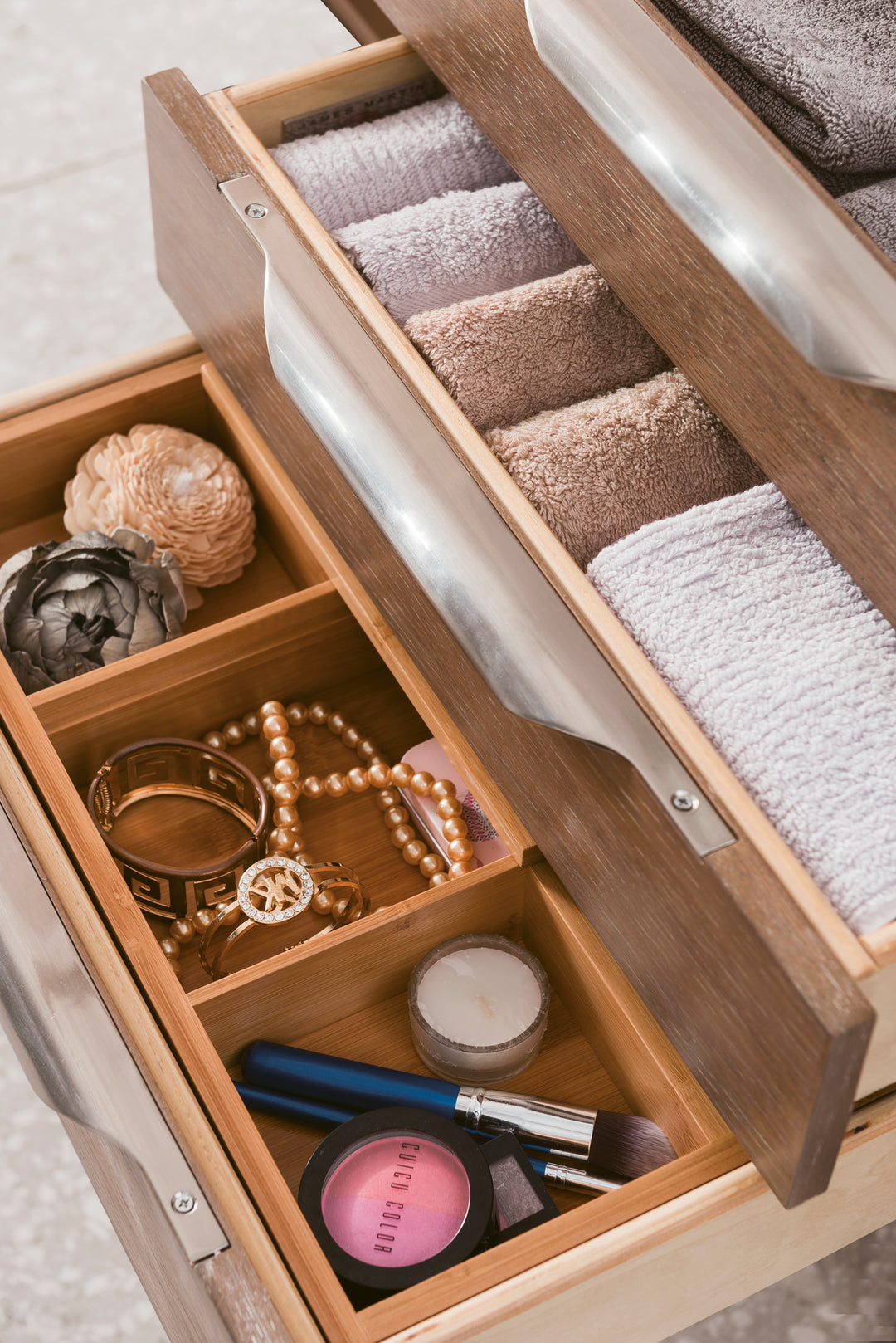 Columbia 59" Double Vanity, Latte Oak, Brushed Nickel w/ Glossy White Composite Stone Top