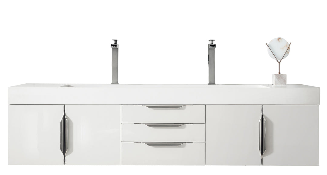 Columbia 72" Double Wall Mount Vanity, Glossy White, Brushed Nickel w/ Glossy White Composite Stone Top
