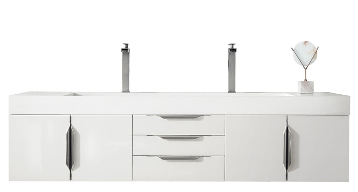 Columbia 72" Double Wall Mount Vanity, Glossy White, Brushed Nickel w/ Glossy White Composite Stone Top