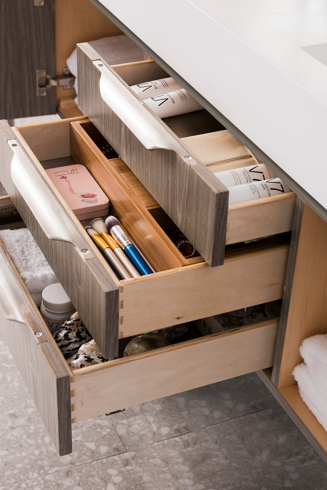 Columbia 59" Double Wall Mount Vanity, Ash Gray, Brushed Nickel w/ Glossy White Composite Stone Top