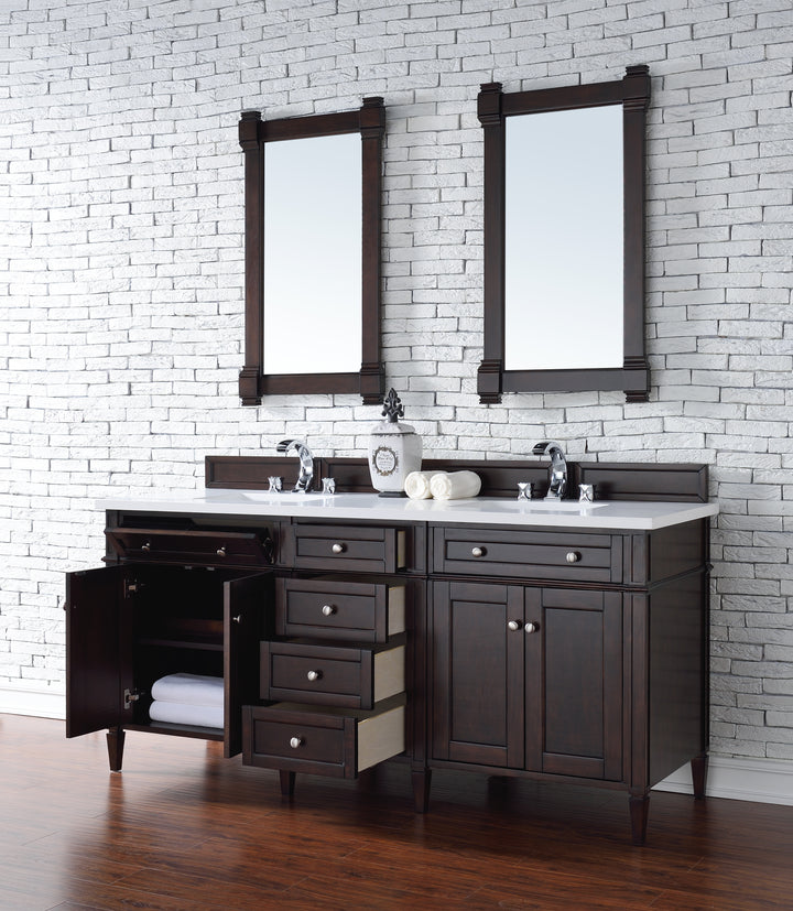 Brittany 72" Double Vanity, Burnished Mahogany w/ 3 CM White Zeus Silestone Top