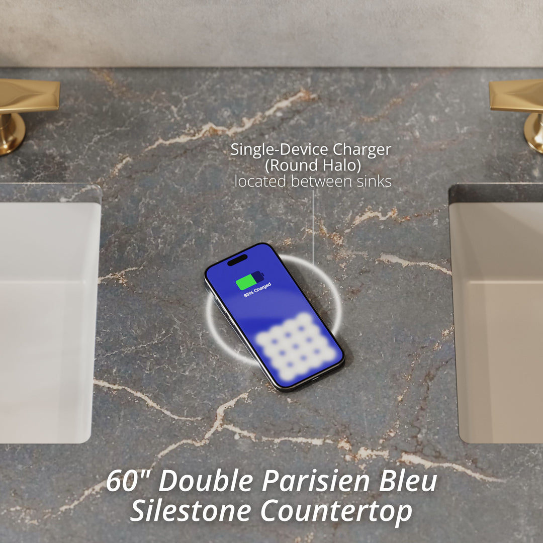 Chicago 60" Double Vanity, Glossy White, w/ 3 CM Parisien Bleu Silestone® Top w/FreePower Wireless Charger
