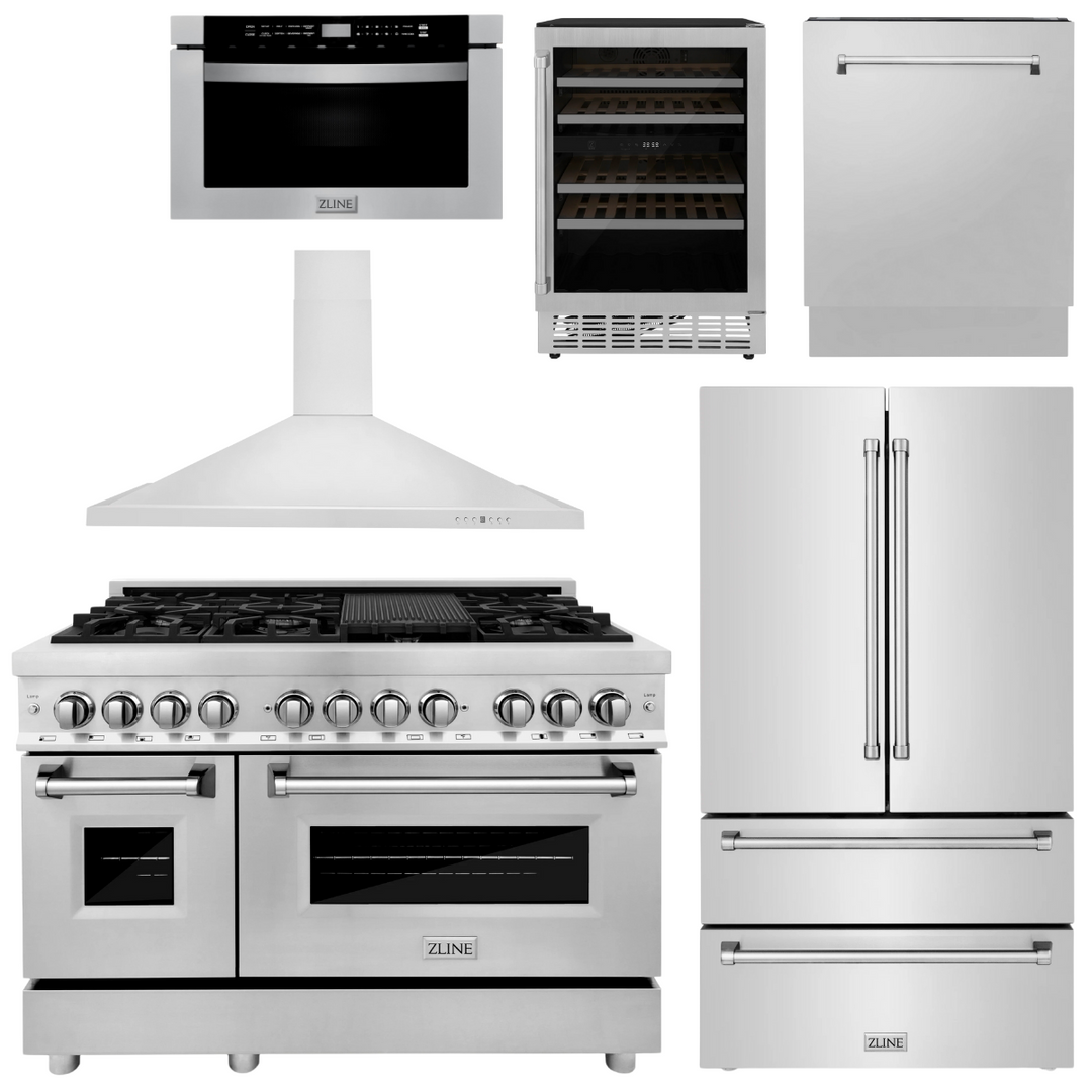 ZLINE Appliance Package - 48" Dual Fuel Range, Range Hood, Refrigerator, Microwave Drawer, Dishwasher and Wine Cooler, 6KPR-RARH48-MWDWV-RWV